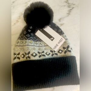 Nine West Black,White Gray Hat winter beanie faux fur tassel nwt new